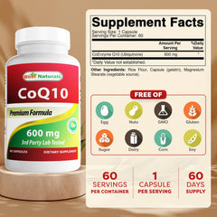 Best Naturals CoQ10 600 mg bottle label close-up showing dosage and purity