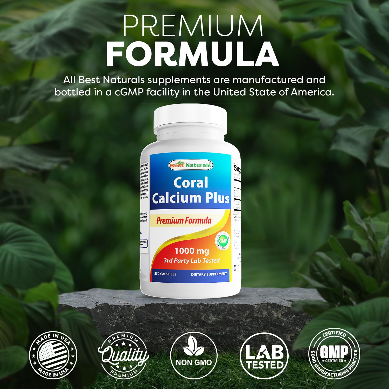 Non-GMO and gluten-free badge visible on Best Naturals Coral Calcium Plus packaging
