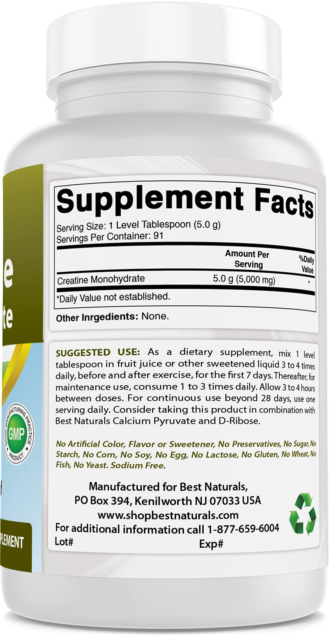 Measuring scoop with Best Naturals Creatine Monohydrate for precise dosing.