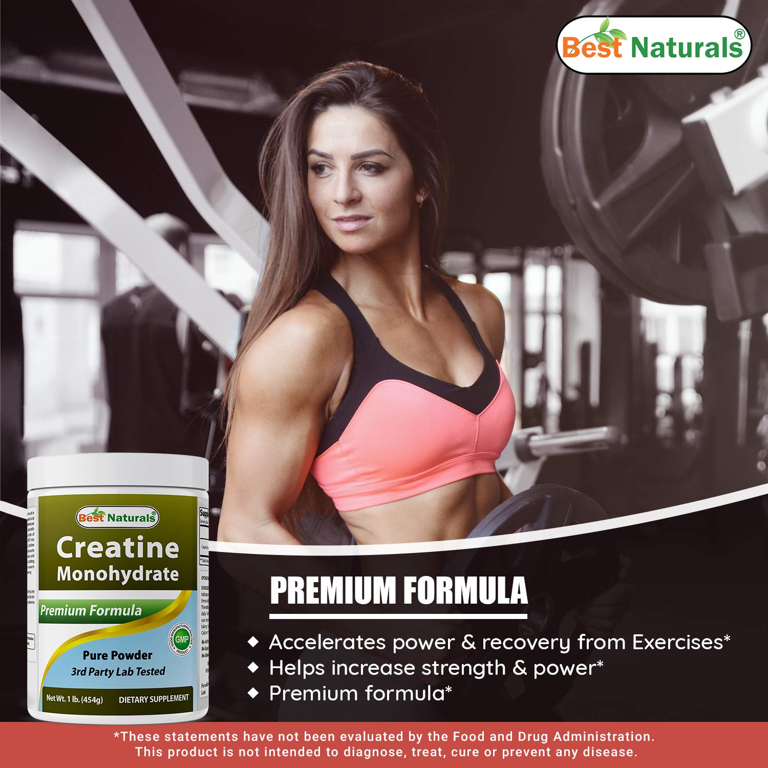 Best Naturals Creatine Monohydrate measuring scoop included for accurate dosing.