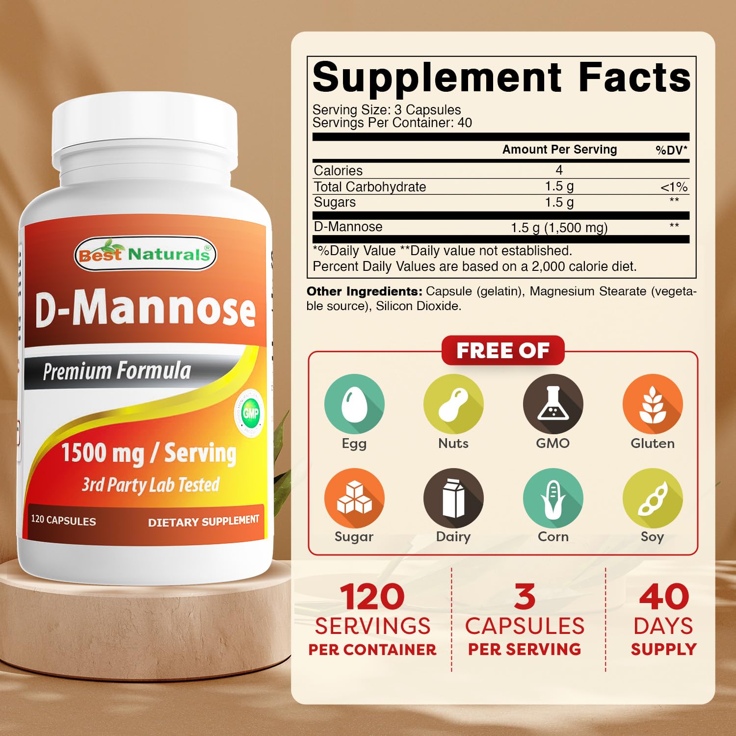 Close-up of Best Naturals D-Mannose capsules ready to take.