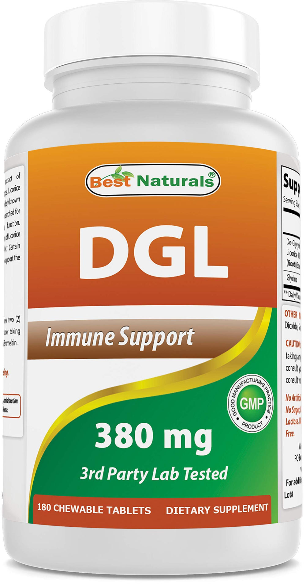 Best Naturals DGL Chewable 380 mg bottle front shows brand and purity.