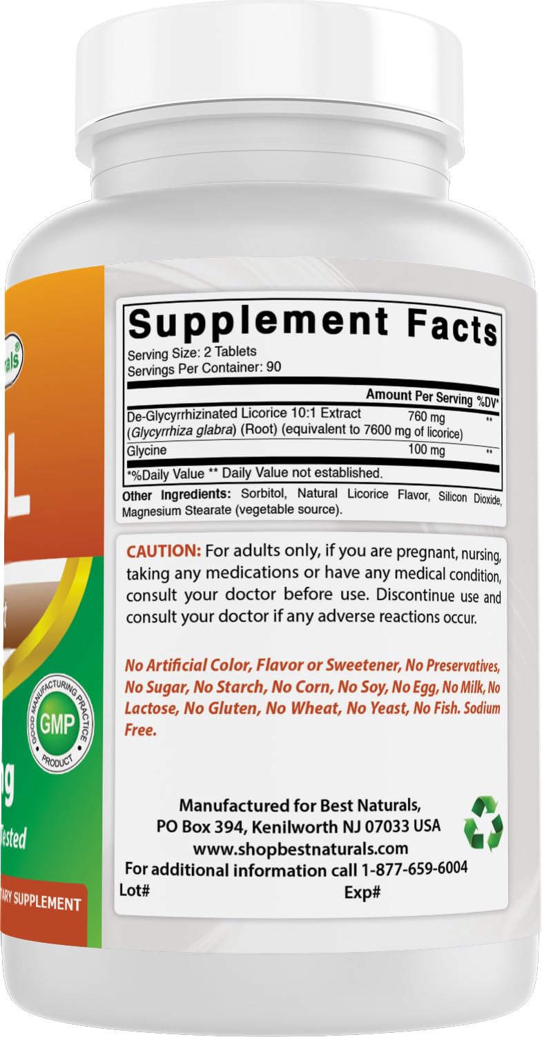 Best Naturals DGL Chewable 380 mg nutrition facts panel lists per-tablet mg.