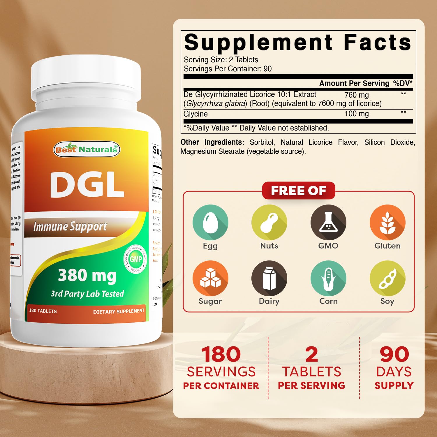 Best Naturals DGL Chewable 380 mg tablet closeup highlights chewy texture.