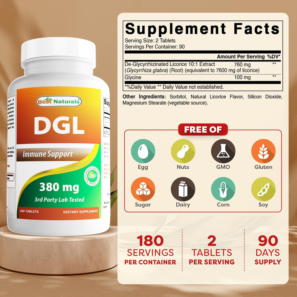 Best Naturals DGL Chewable 380 mg tablet closeup highlights chewy texture.