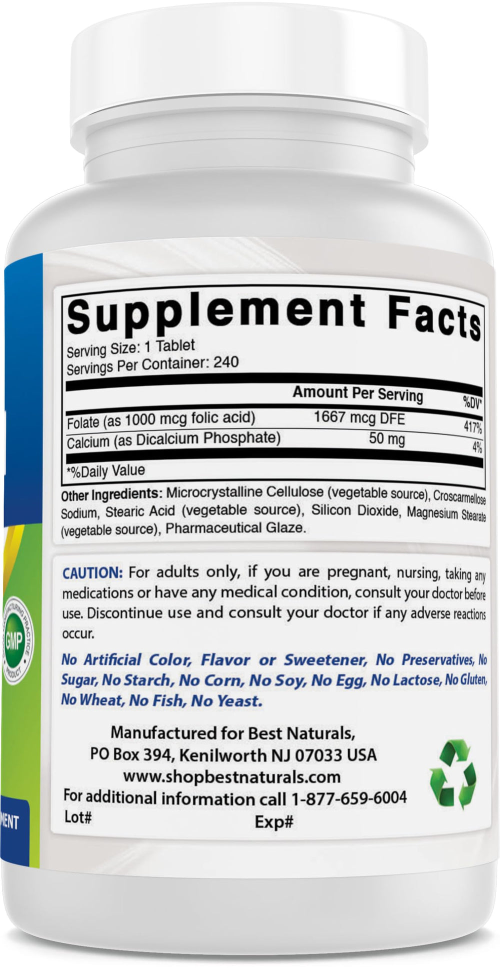 Best Naturals folic acid FDA-registered facility seal on packaging