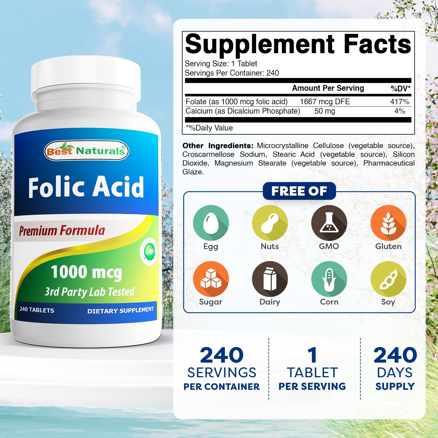 Best Naturals folic acid tablets close-up highlighting tablet shape for easy daily use
