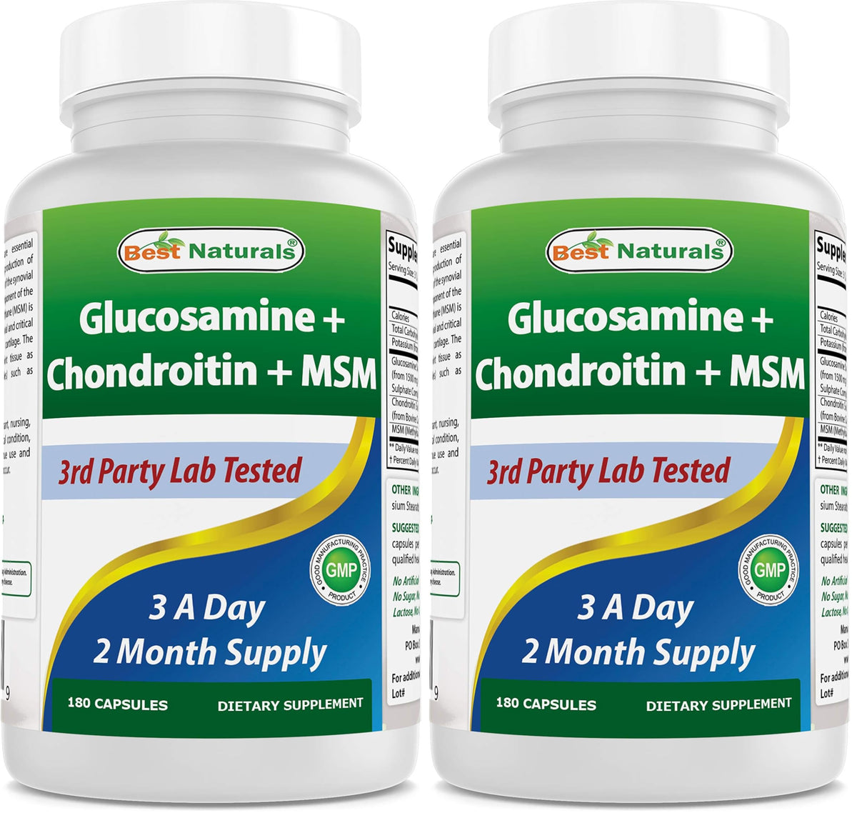 Best Naturals glucosamine chondroitin MSM bottle label highlights non-GMO formula.