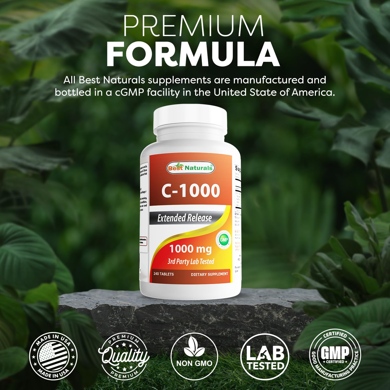 Gluten-free and non-GMO badge on Best Naturals supplement packaging.