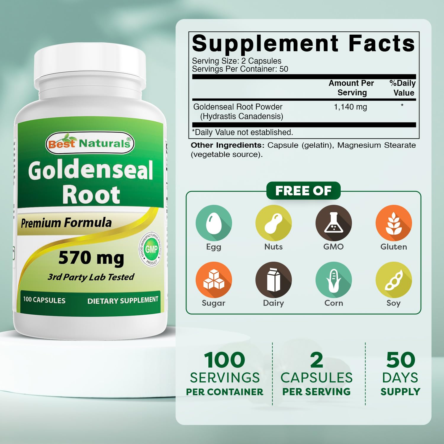 Best Naturals Goldenseal Root 570 mg capsules ready for easy dosing.
