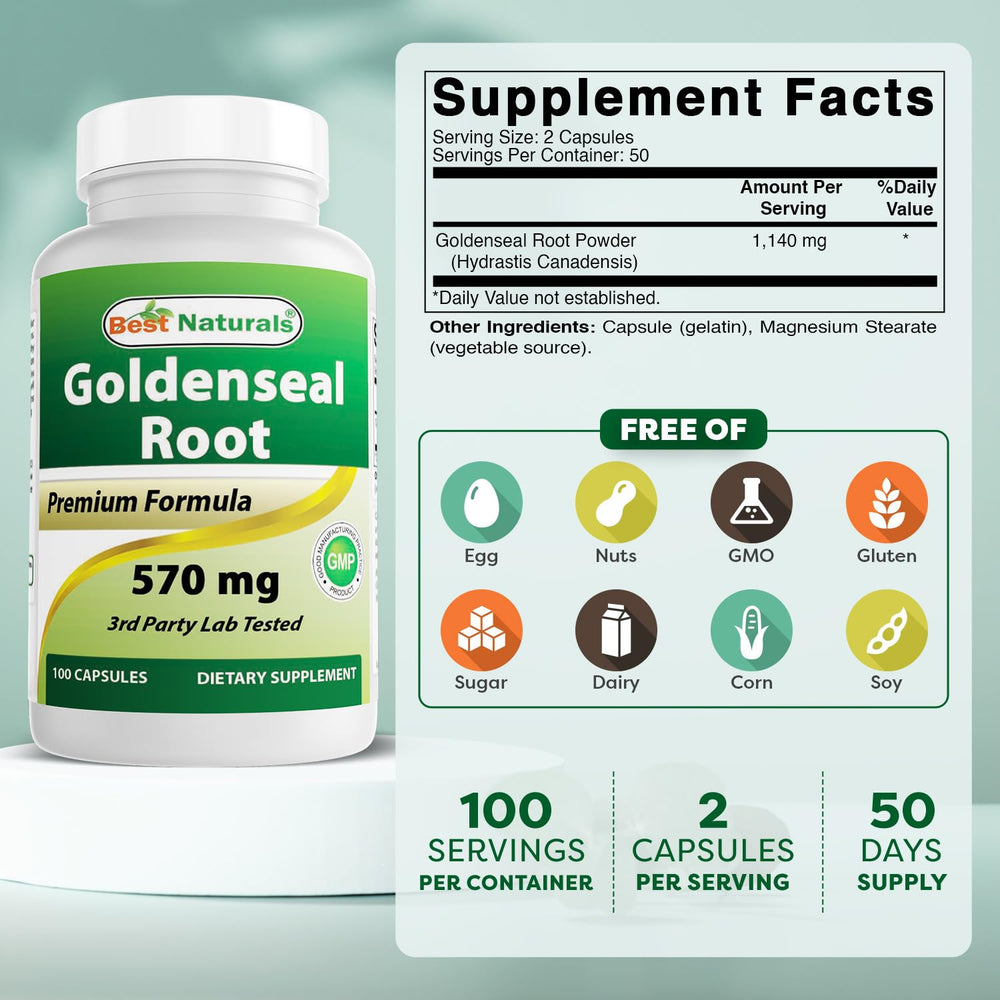 Best Naturals Goldenseal Root 570 mg capsules ready for easy dosing.