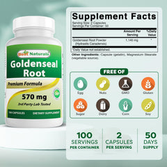 Best Naturals Goldenseal Root 570 mg capsules ready for easy dosing.