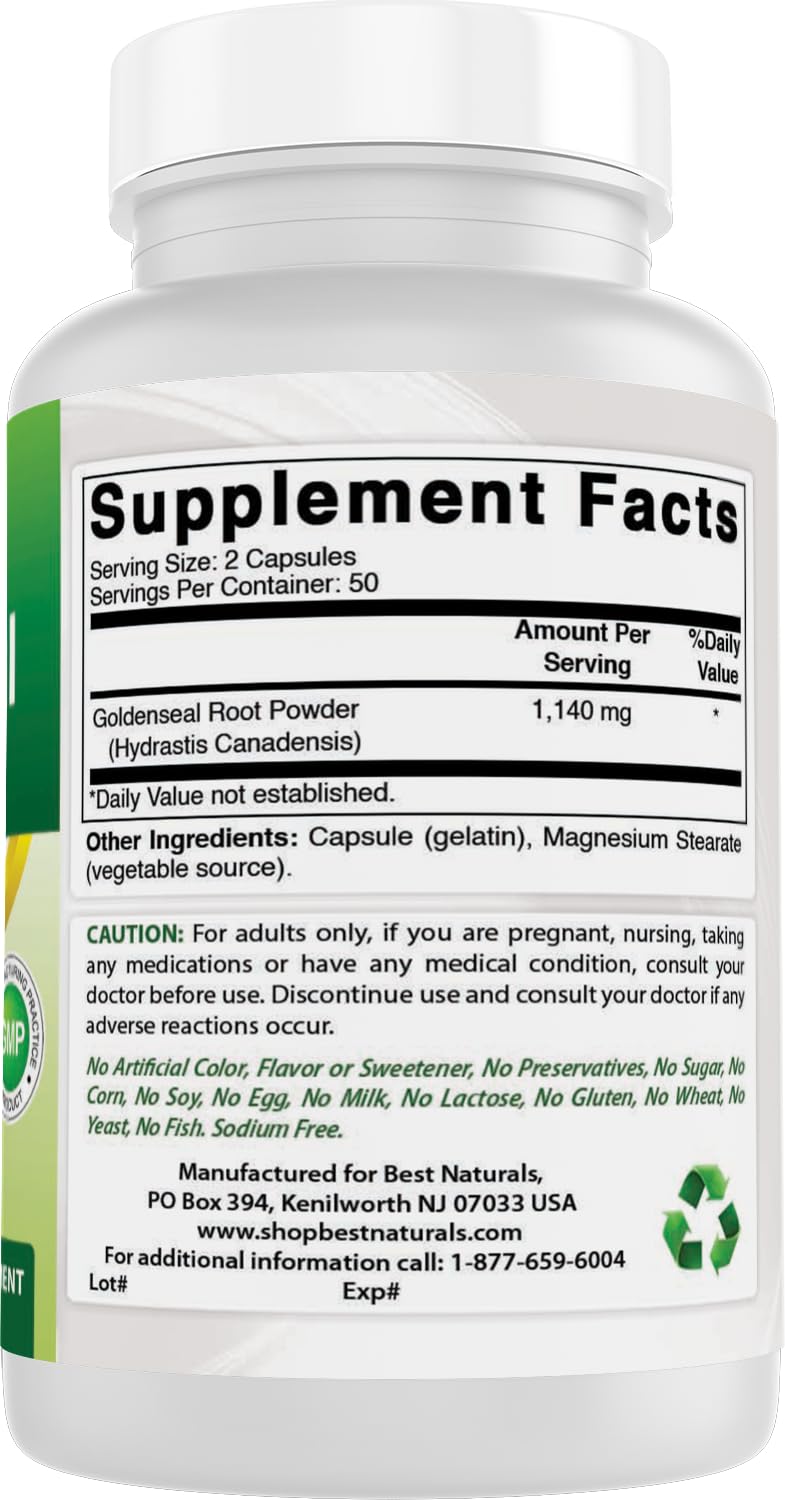 Best Naturals Goldenseal Root made in USA badge on label.