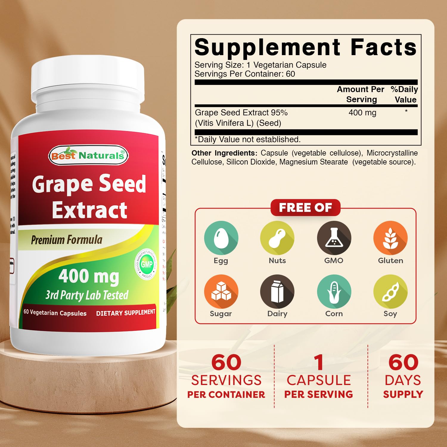 Best Naturals Grape Seed Extract bottle back with clear ingredients and dosage information