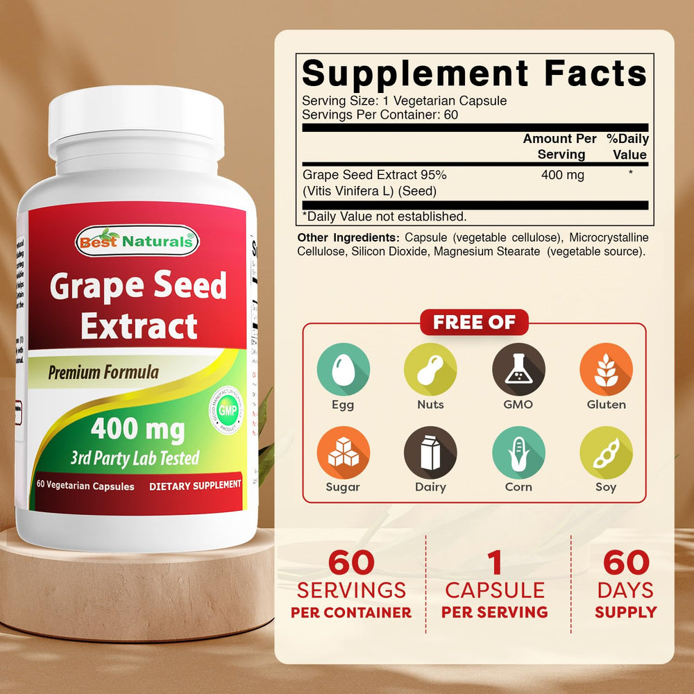 Best Naturals Grape Seed Extract bottle back with clear ingredients and dosage information