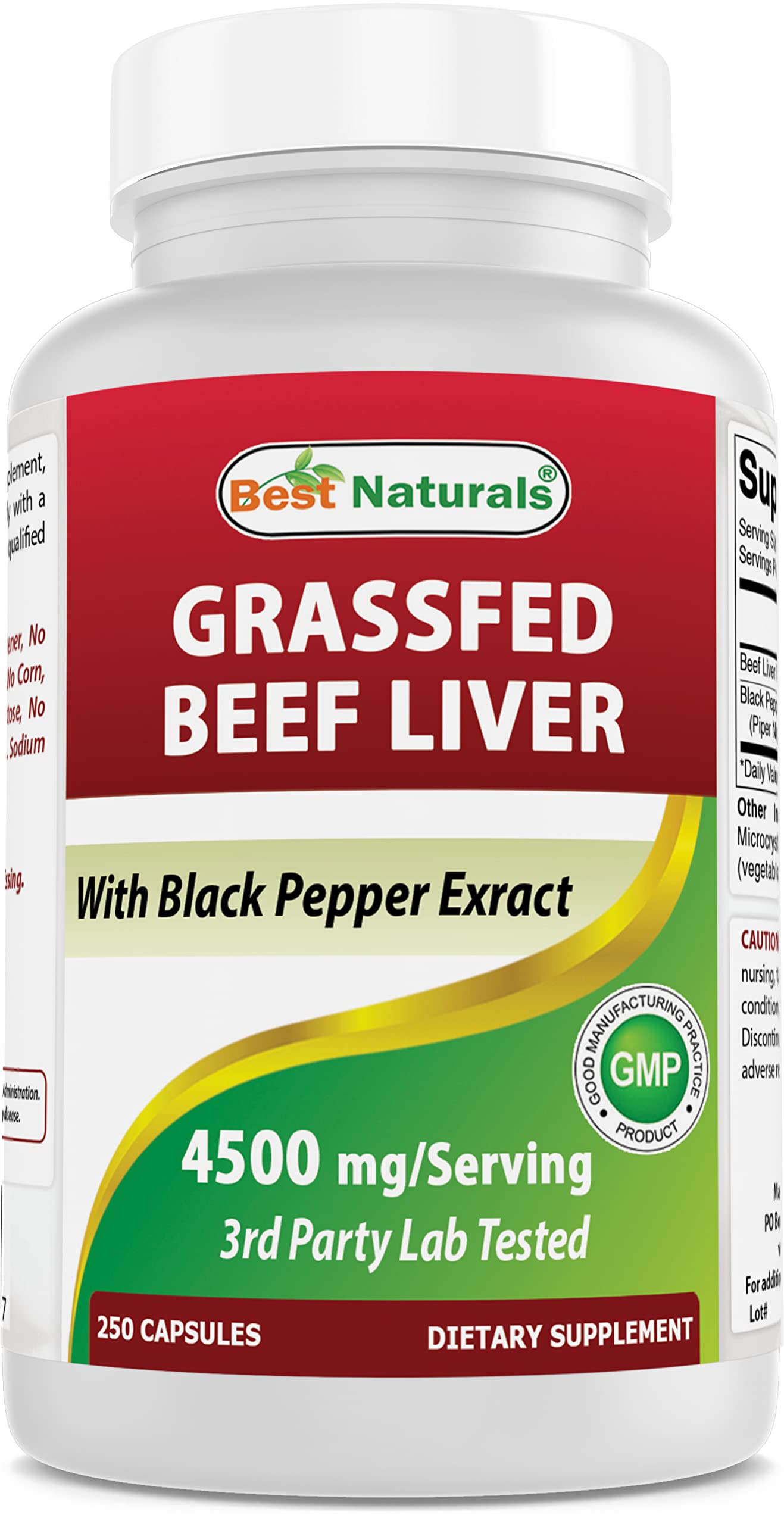 Best Naturals grass-fed beef liver bottle highlights energy support potential.
