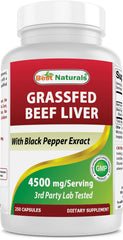 Best Naturals grass-fed beef liver bottle highlights energy support potential.