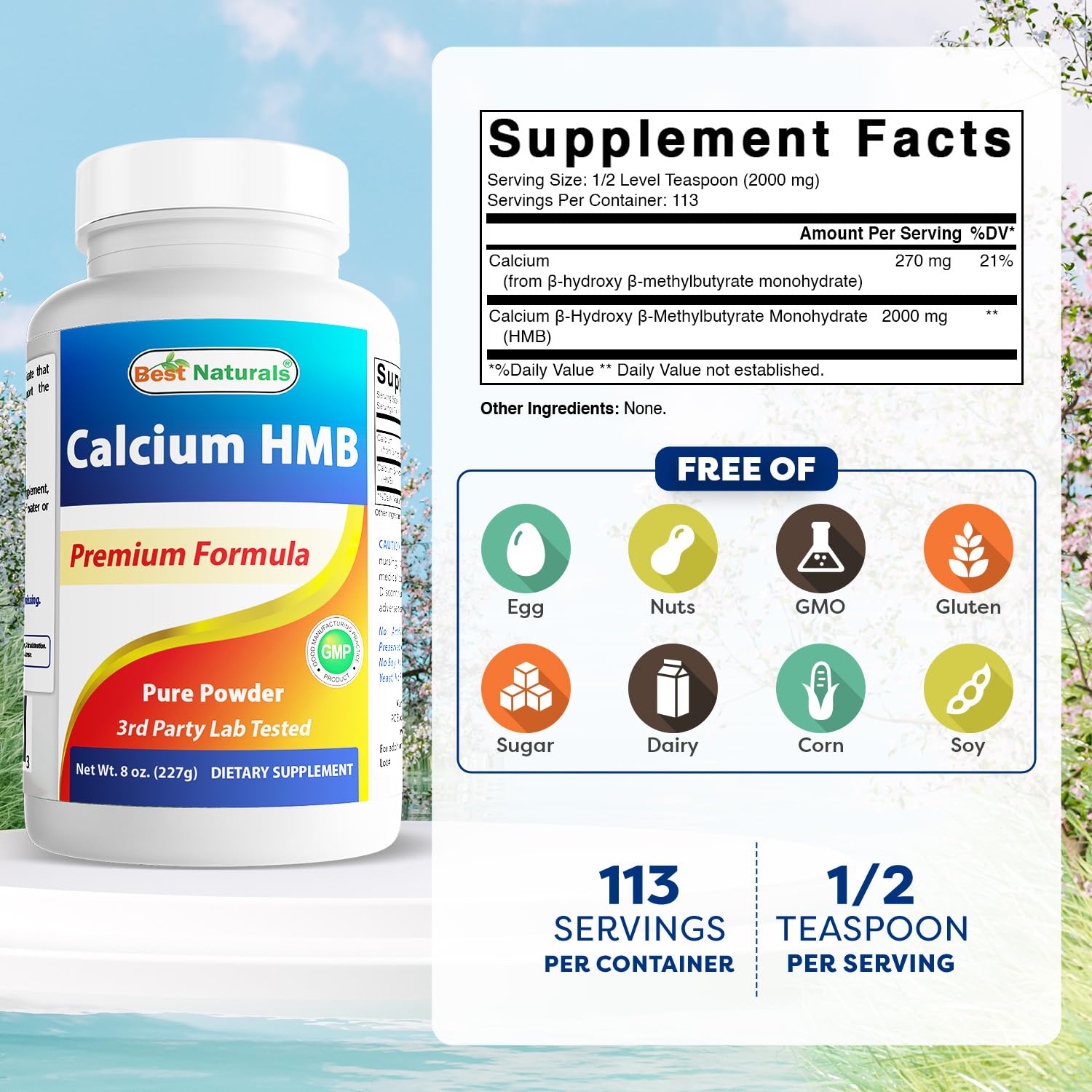 Best Naturals HMB Powder 2g serving shown for precise dosage.