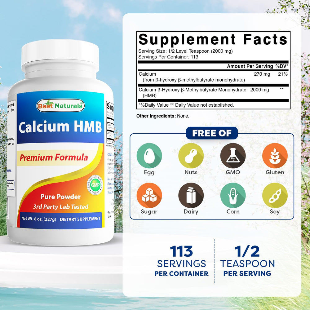 Best Naturals HMB Powder 2g serving shown for precise dosage.