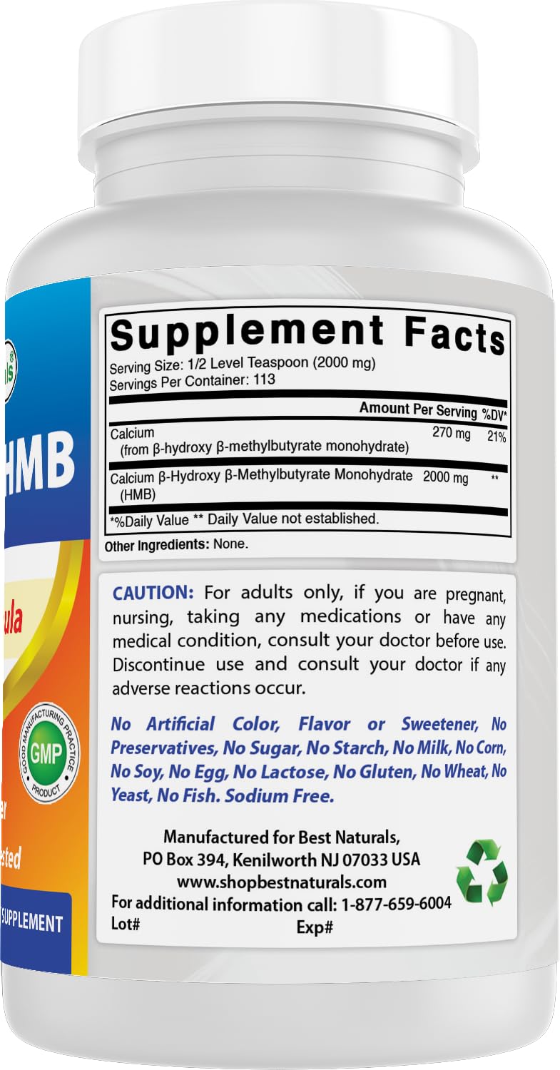 Best Naturals HMB Powder on counter with water for daily use.
