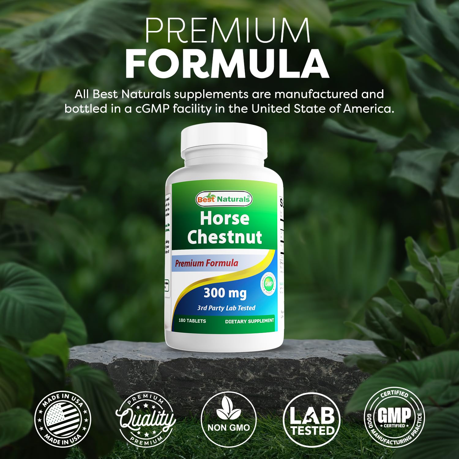 Best Naturals production facility badge indicates GMP-compliant, FDA registered.
