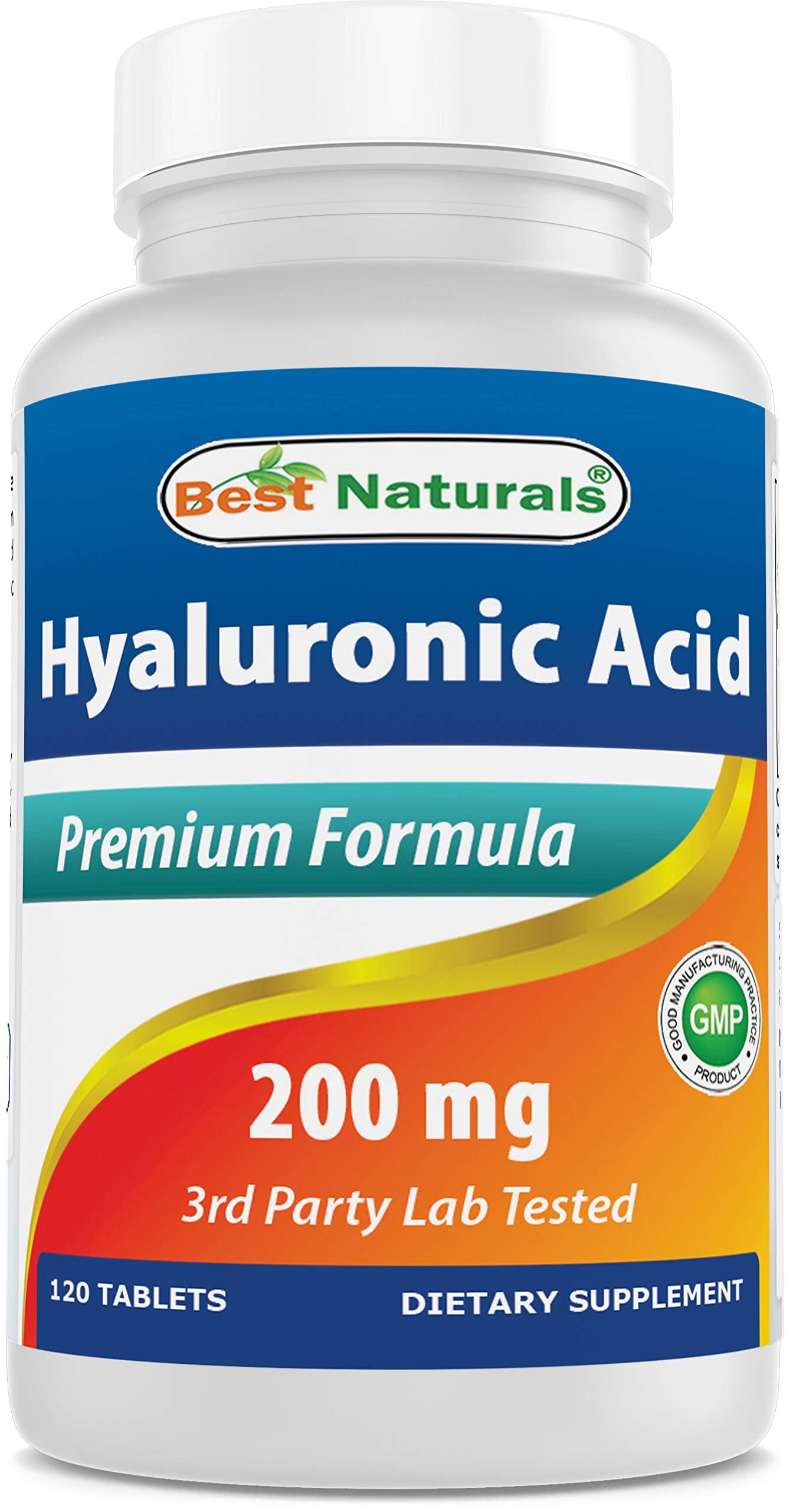 Best Naturals Hyaluronic Acid bottle front shows 200 mg dosage for daily skin hydration