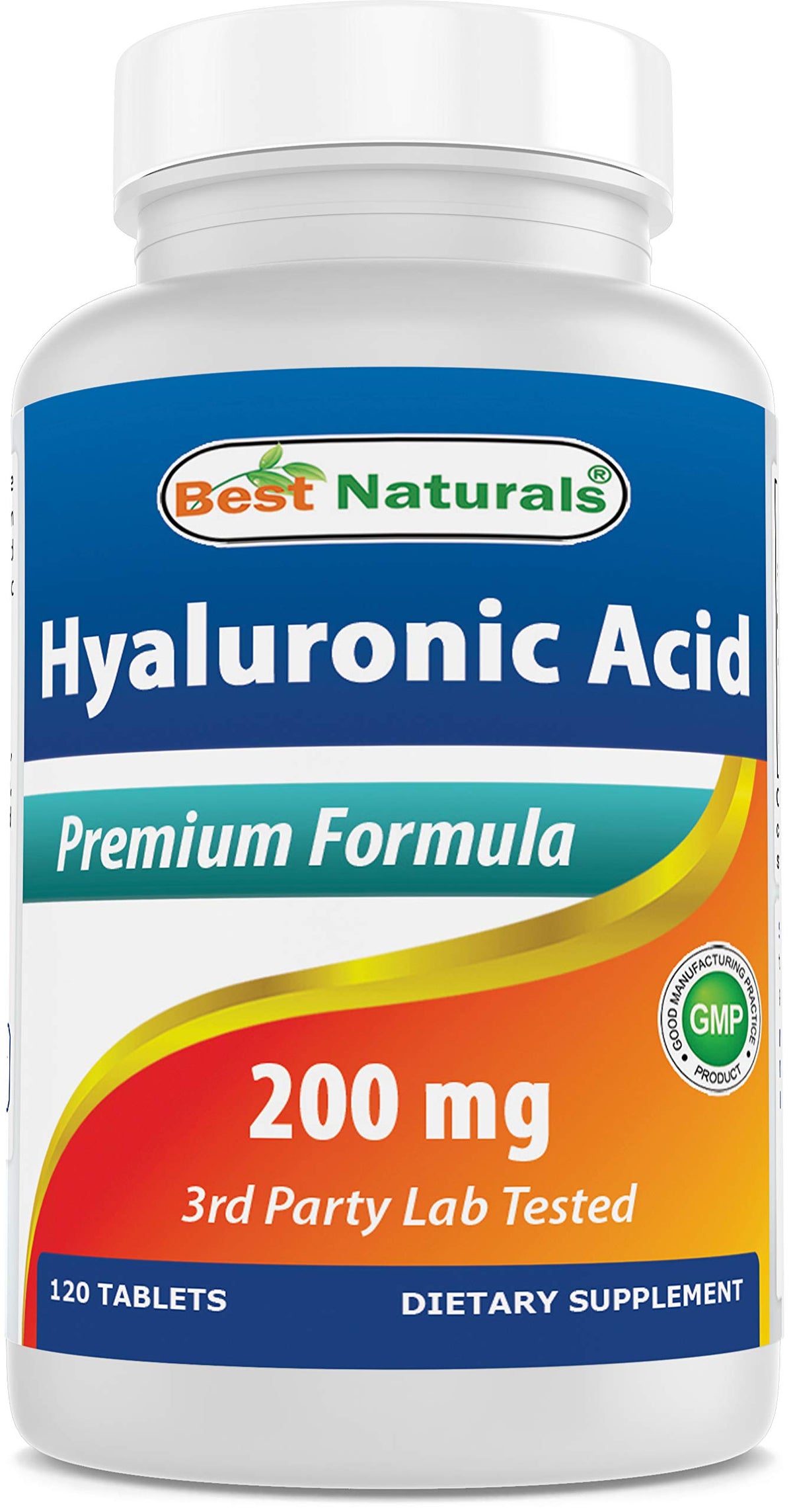 Best Naturals Hyaluronic Acid bottle front shows 200 mg dosage for daily skin hydration