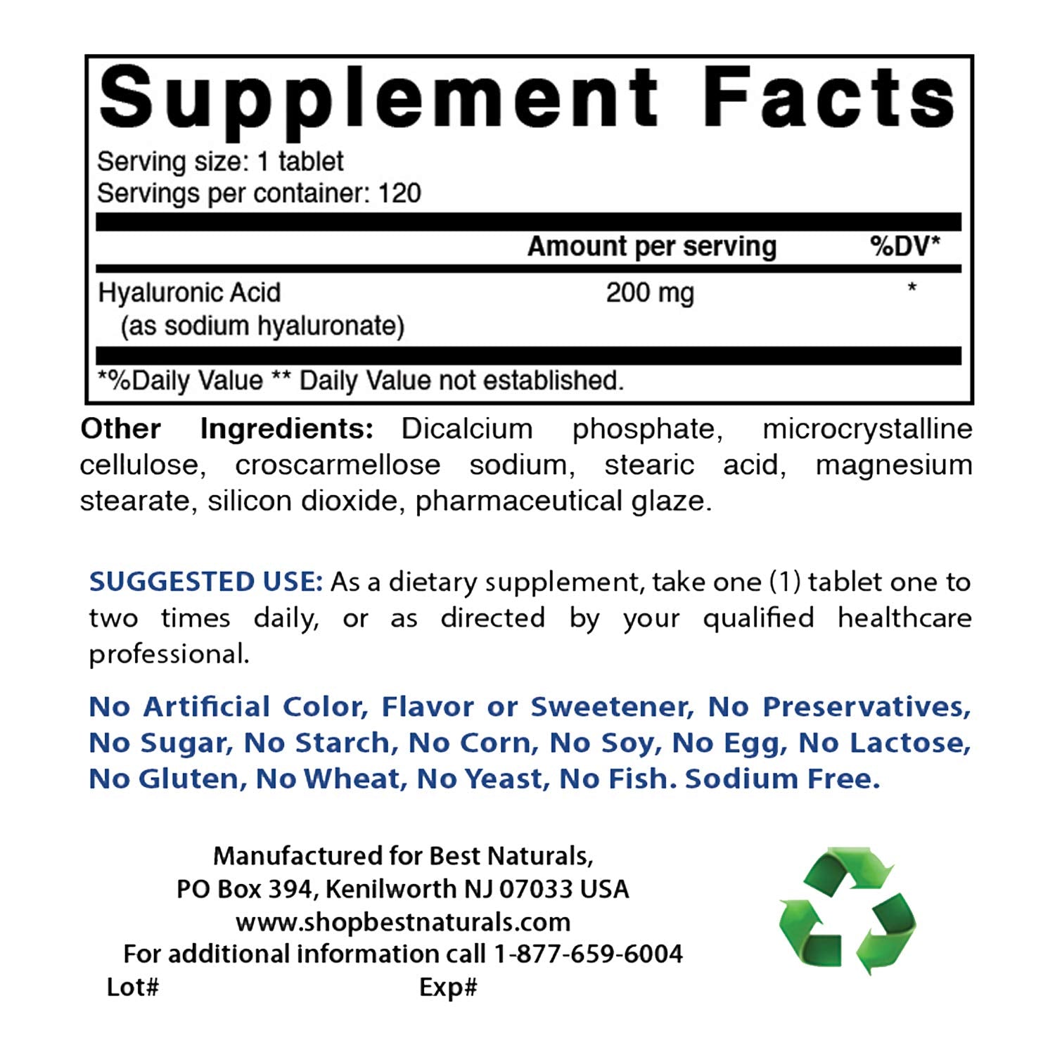 Best Naturals Hyaluronic Acid label closeup highlights purity and gluten free formula