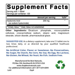 Best Naturals Hyaluronic Acid label closeup highlights purity and gluten free formula