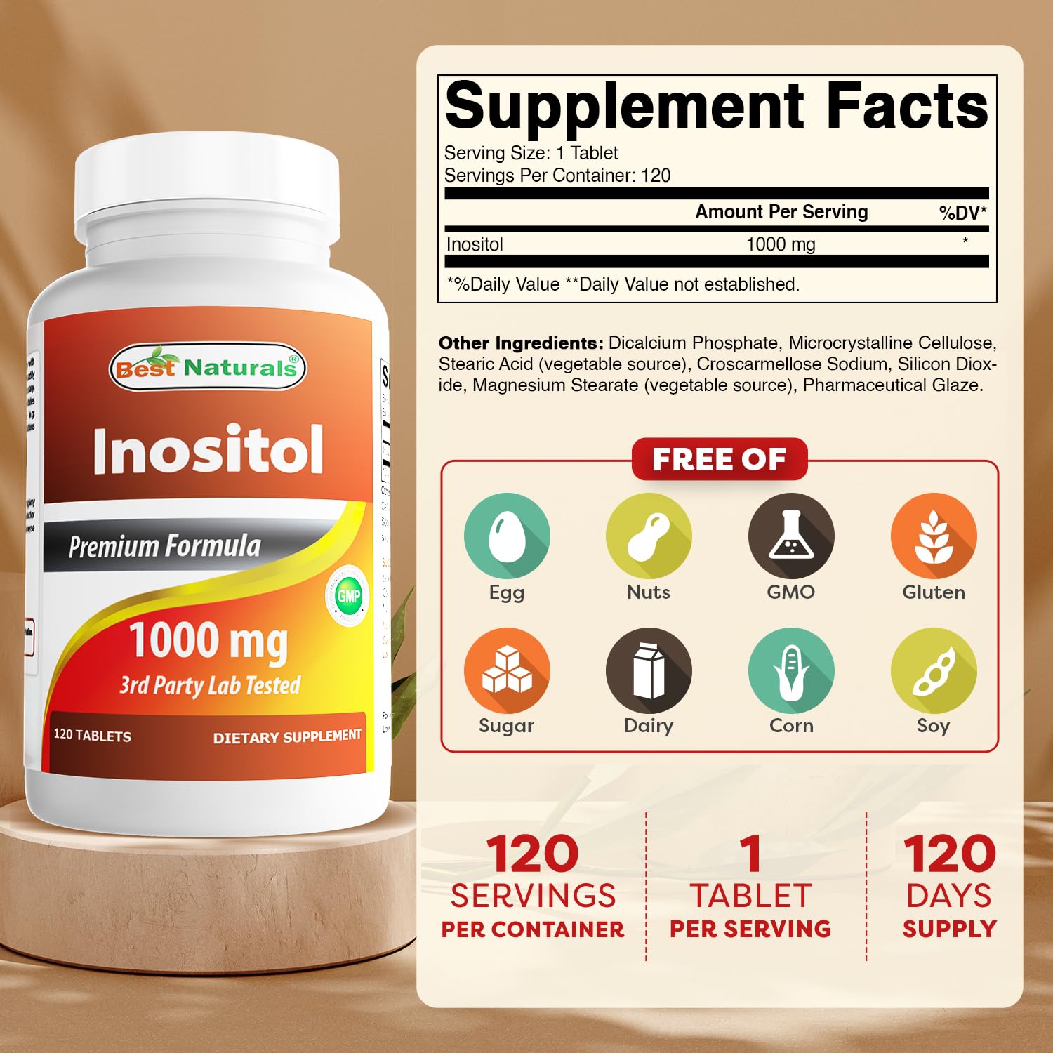 Best Naturals Inositol 1000mg tablets close-up showing smooth tablet surface