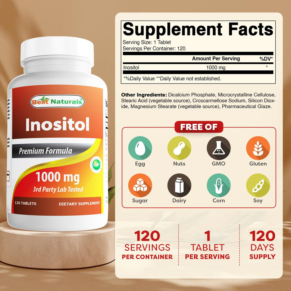 Best Naturals Inositol 1000mg tablets close-up showing smooth tablet surface