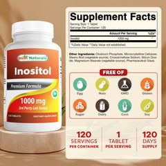 Best Naturals Inositol 1000mg tablets close-up showing smooth tablet surface