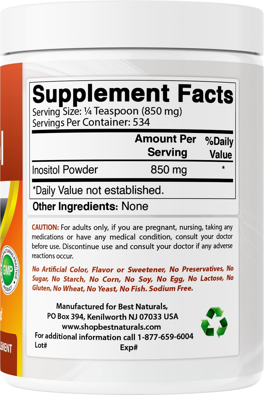 Best Naturals Pure Inositol Powder packaging front emphasizes purity.