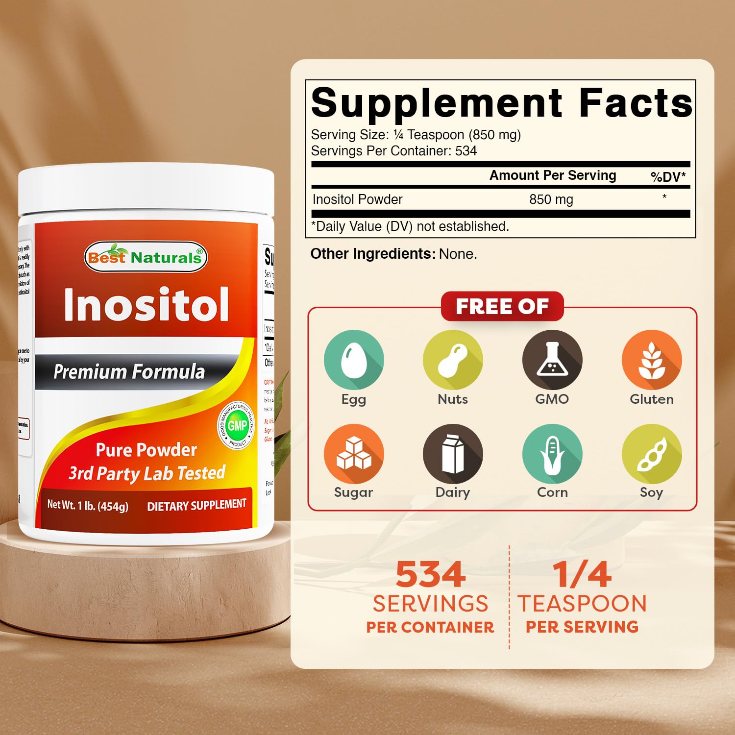 Best Naturals Inositol Powder serving scoop shows precise 850 mg per serving.