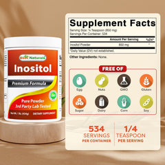 Best Naturals Inositol Powder serving scoop shows precise 850 mg per serving.