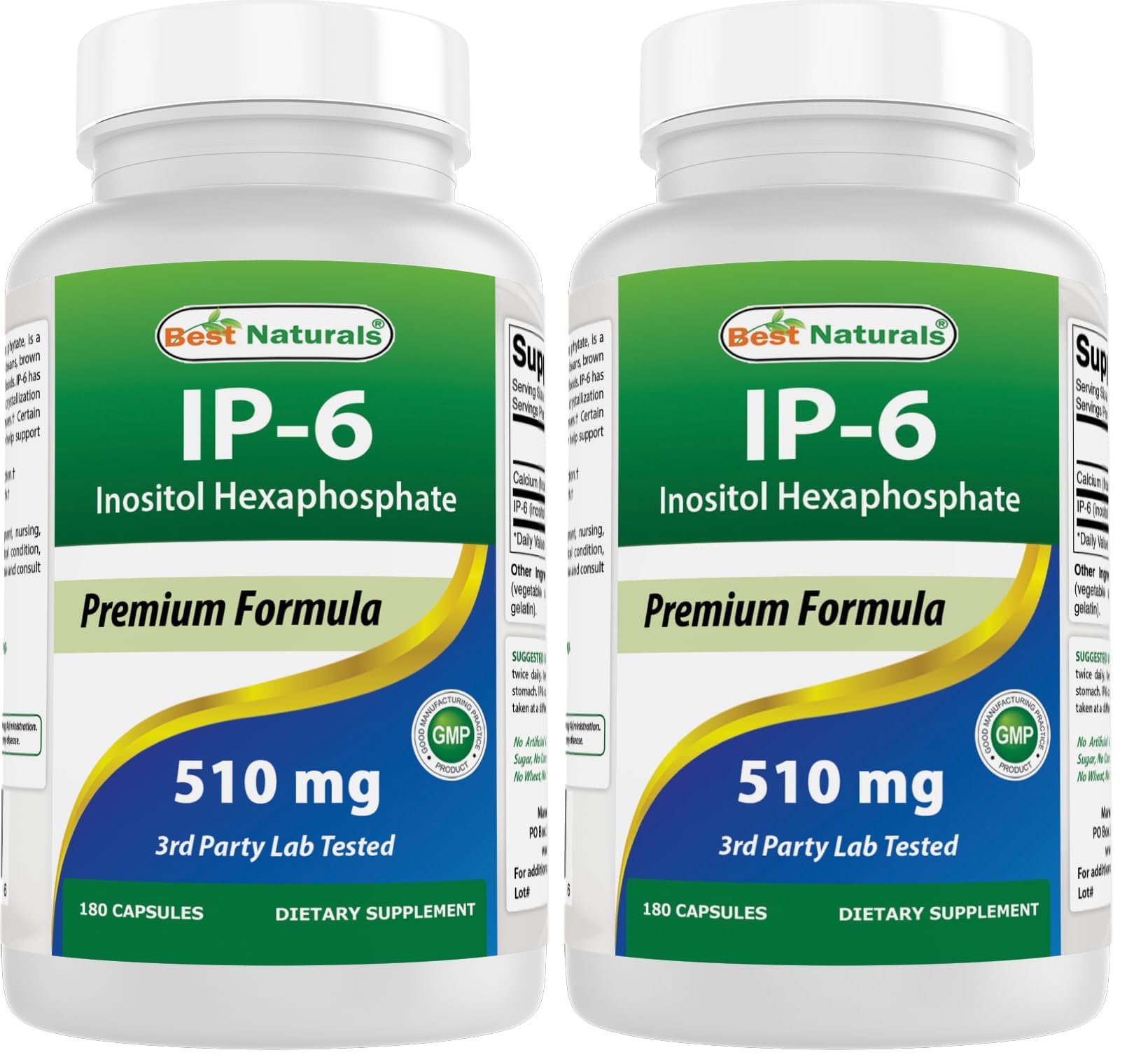 Best Naturals IP-6 510 mg bottle front view for daily wellness routines.