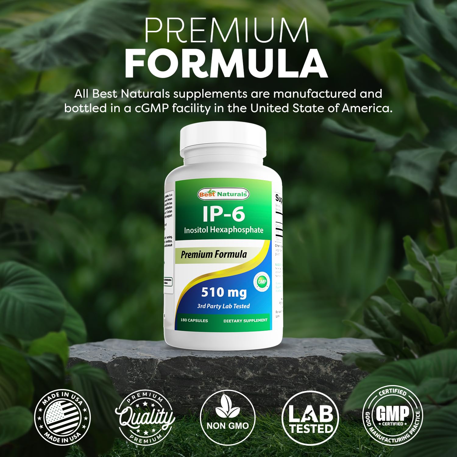 Easy pour image of Best Naturals IP-6 bottle for daily dosing.