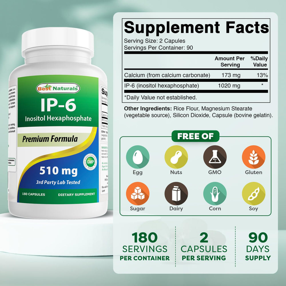 Close-up of Best Naturals IP-6 capsules highlighting potency.