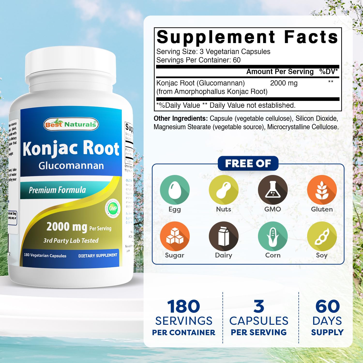 Best Naturals Konjac glucomannan bottle label close-up, non-GMO gluten-free formula