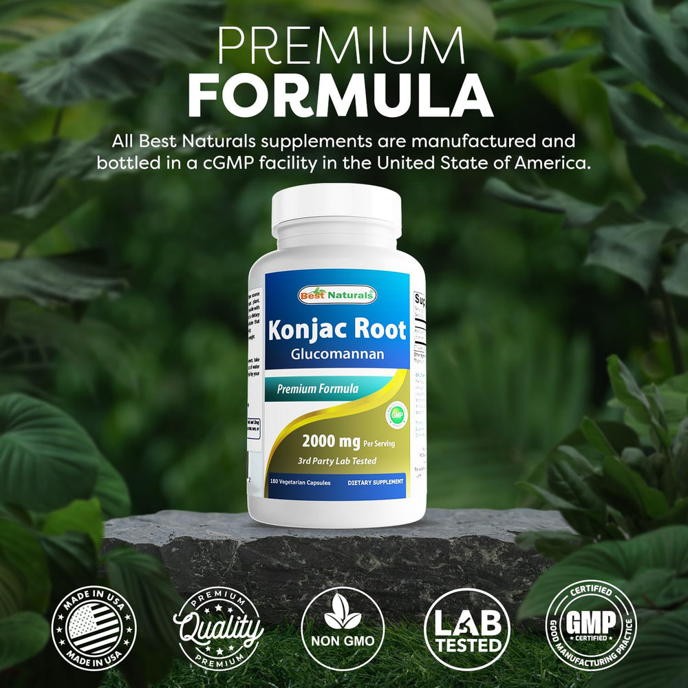 Best Naturals Konjac glucomannan non-GMO gluten-free badge visible on packaging