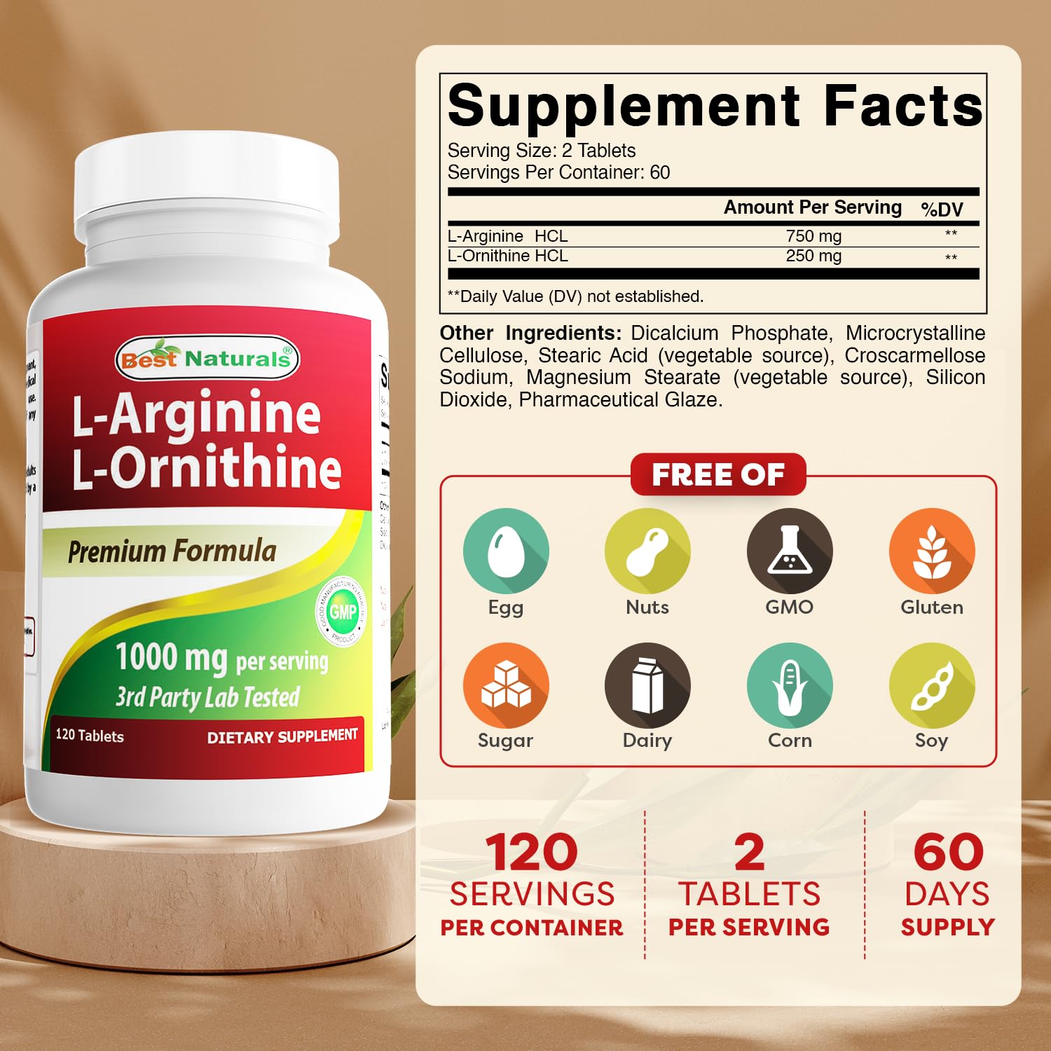 Close-up of Best Naturals L-Arginine L-Ornithine tablets with easy dosing