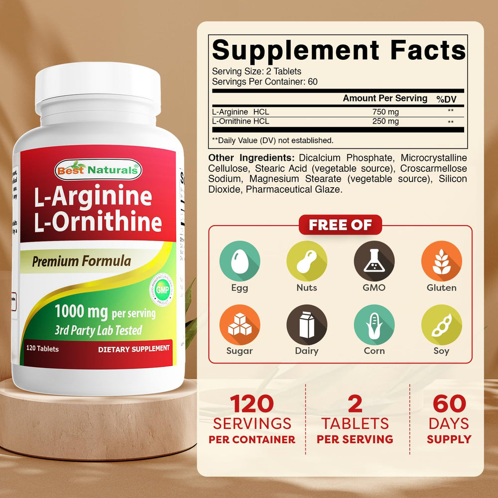 Close-up of Best Naturals L-Arginine L-Ornithine tablets with easy dosing