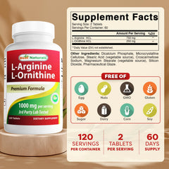 Close-up of Best Naturals L-Arginine L-Ornithine tablets with easy dosing