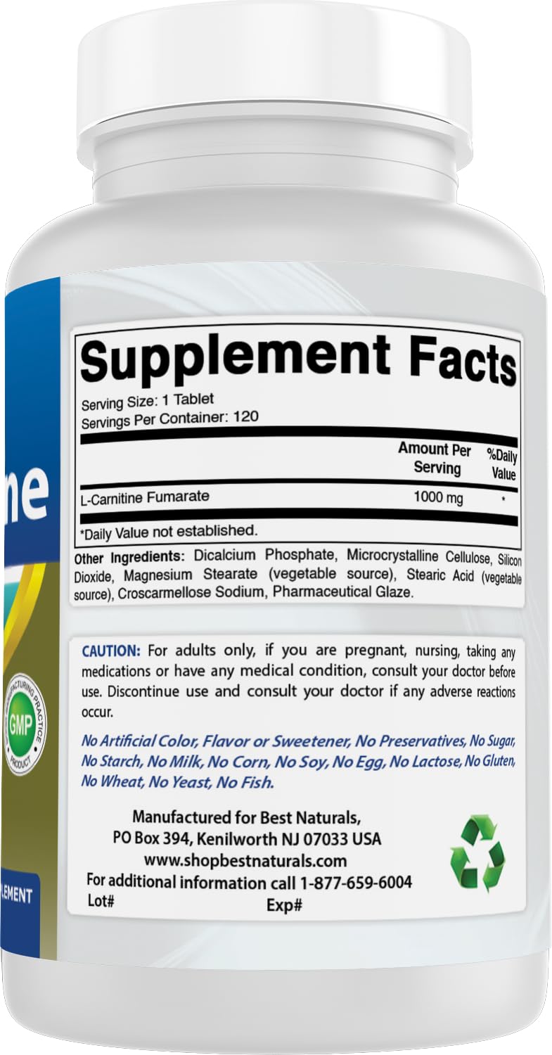 Best Naturals L-Carnitine Fumarate 1000mg glass bottle with capsules ready to take.