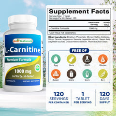 Best Naturals L-Carnitine Fumarate 1000mg tablets close-up for easy daily dosing.