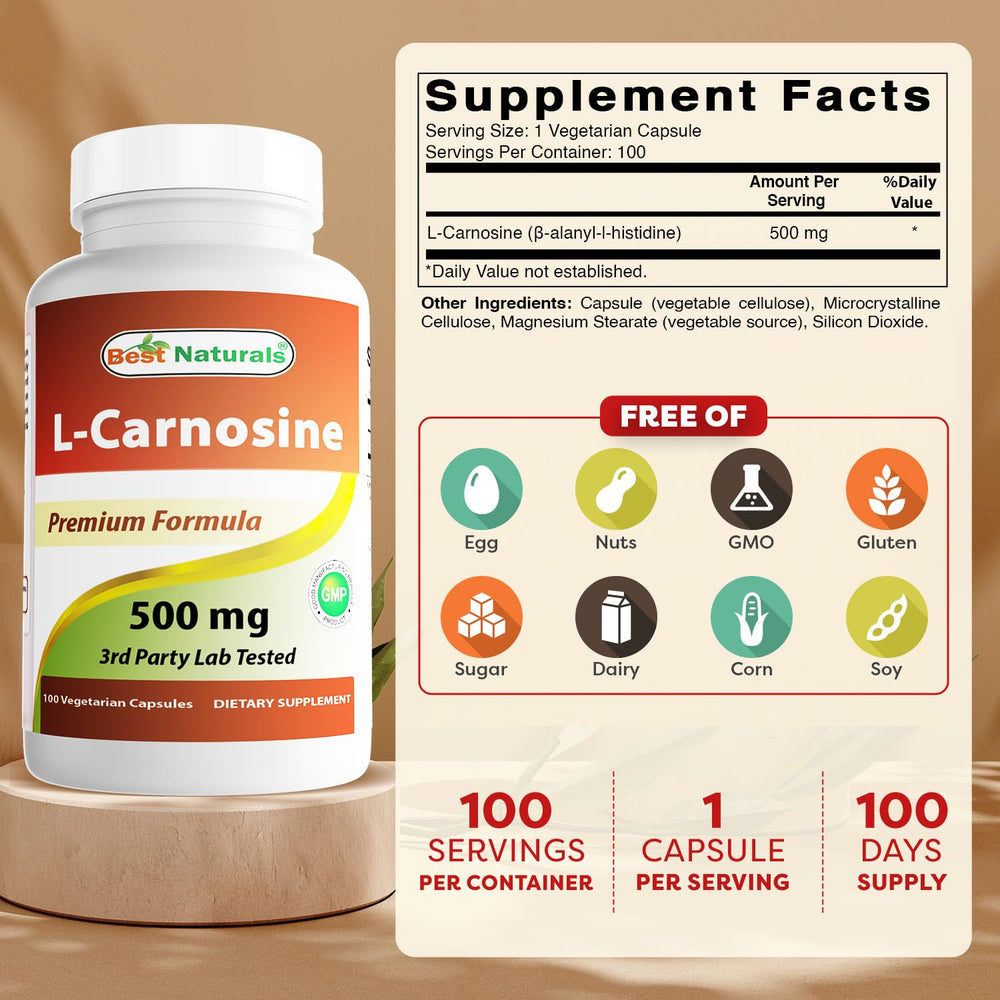 Best Naturals L-Carnosine 500 mg bottle back panel showing ingredients and labeling.