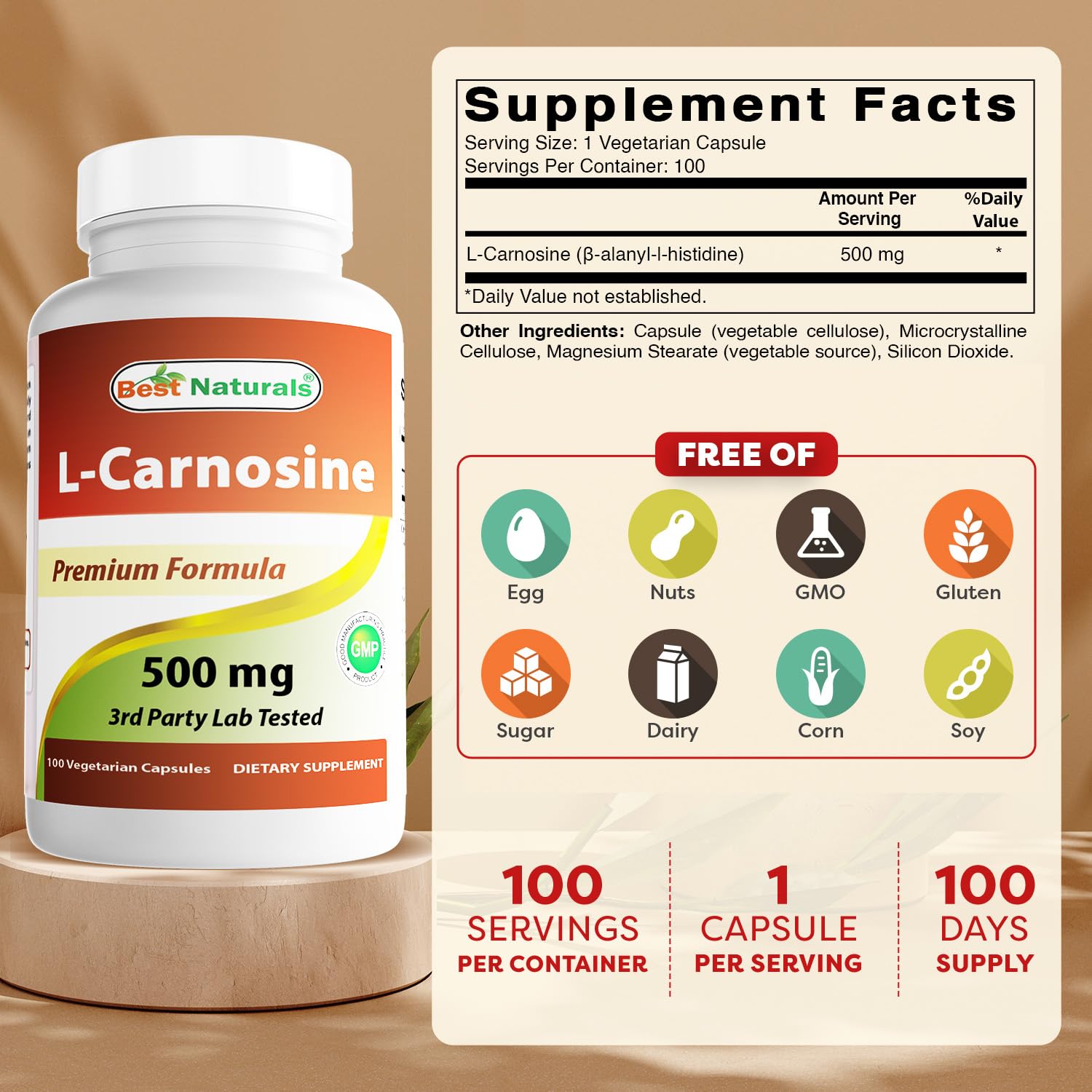 Best Naturals L-Carnosine 500 mg bottle cap close-up for easy daily use.
