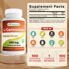 Best Naturals L-Carnosine 500 mg bottle cap close-up for easy daily use.