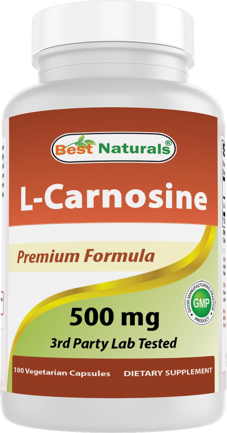 Best Naturals L-Carnosine 500 mg bottle front for daily supplementation.