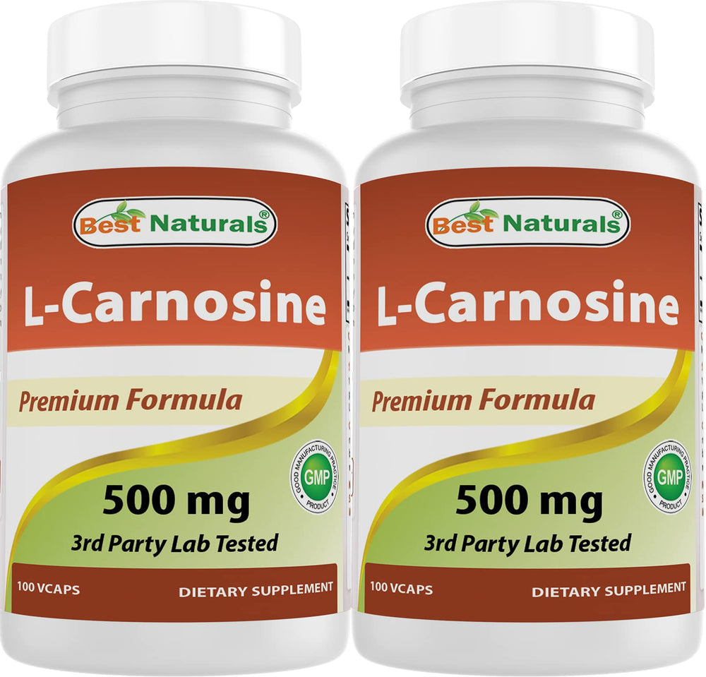 Best Naturals L-Carnosine 500 mg bottle front view, convenient 2-pack for daily use.